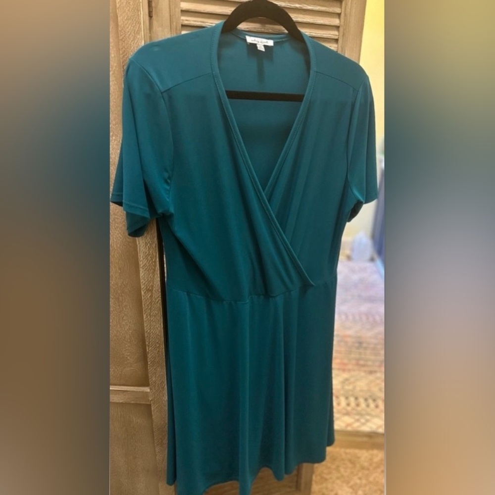 White Birch (Soft Surroundings) Teal Faux Wrap Romper Dress, 3XL